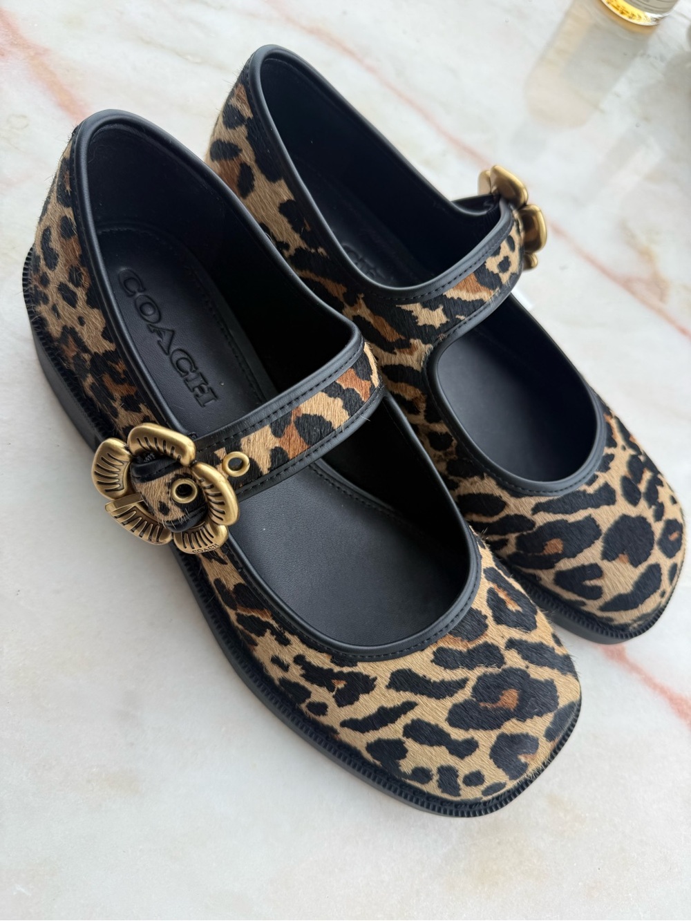 COACH Leopard Print Mary Jane Flats with Gold Floral Buckle NEVER WORN